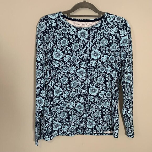 Talbots cotton stretch blend flower long sleeve fitted basic shirt top blouse - Picture 1 of 9
